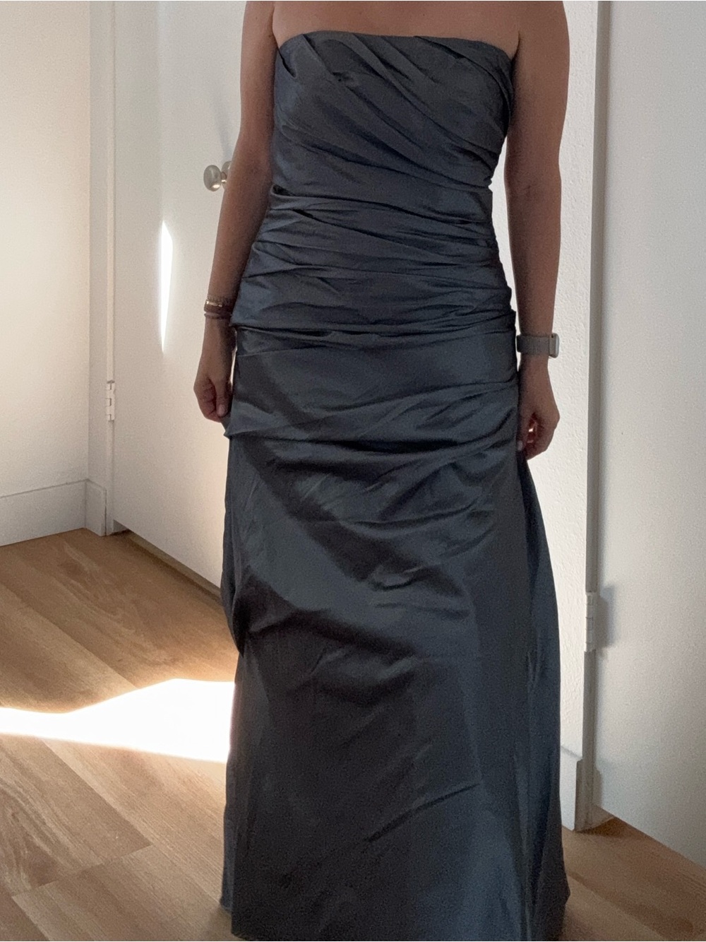 Strapless Ruched Satin Evening Dress in Charcoal w shawl